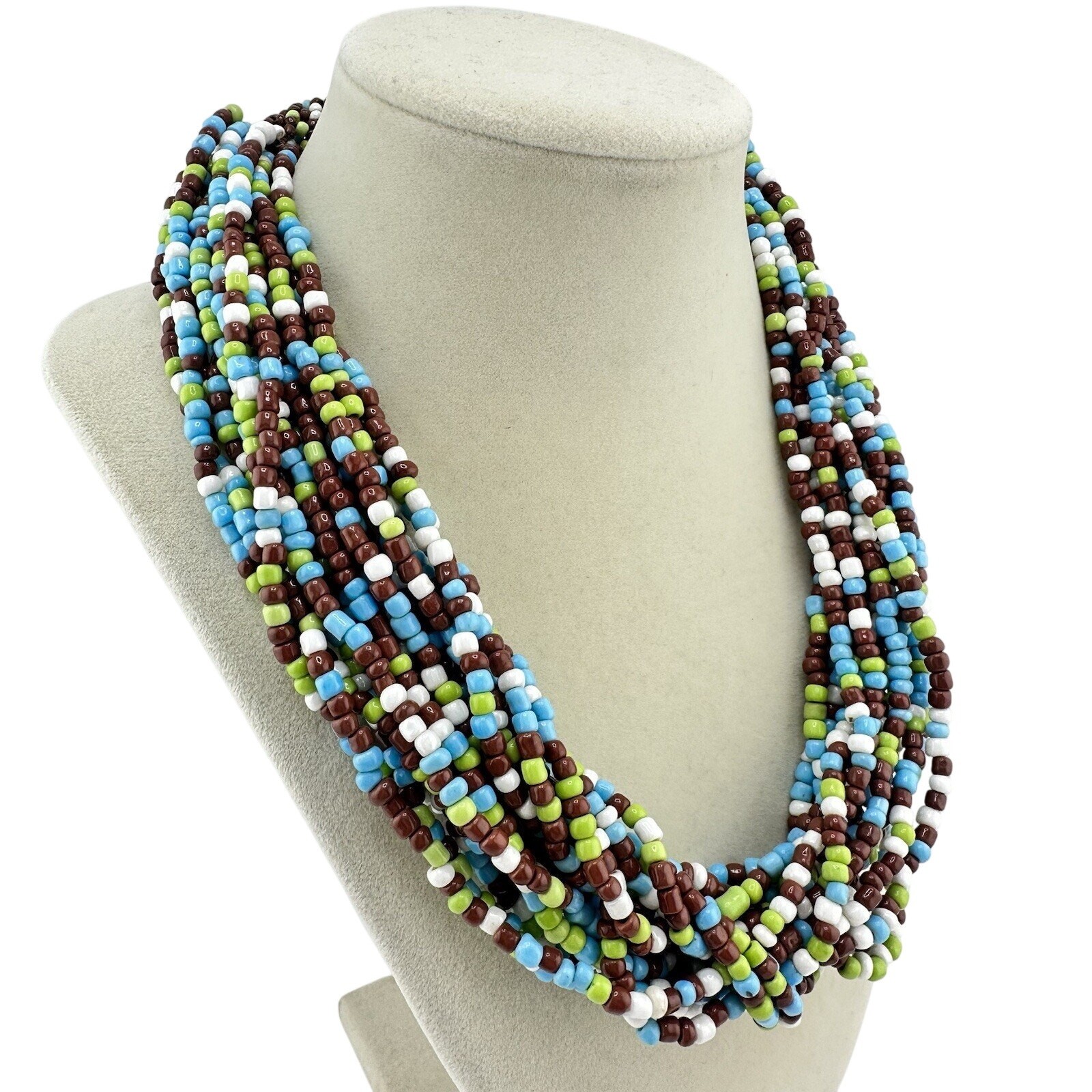 Boho Handmade Chunky Multistrand Blue Brown Green White Glass Bead 19” Necklace