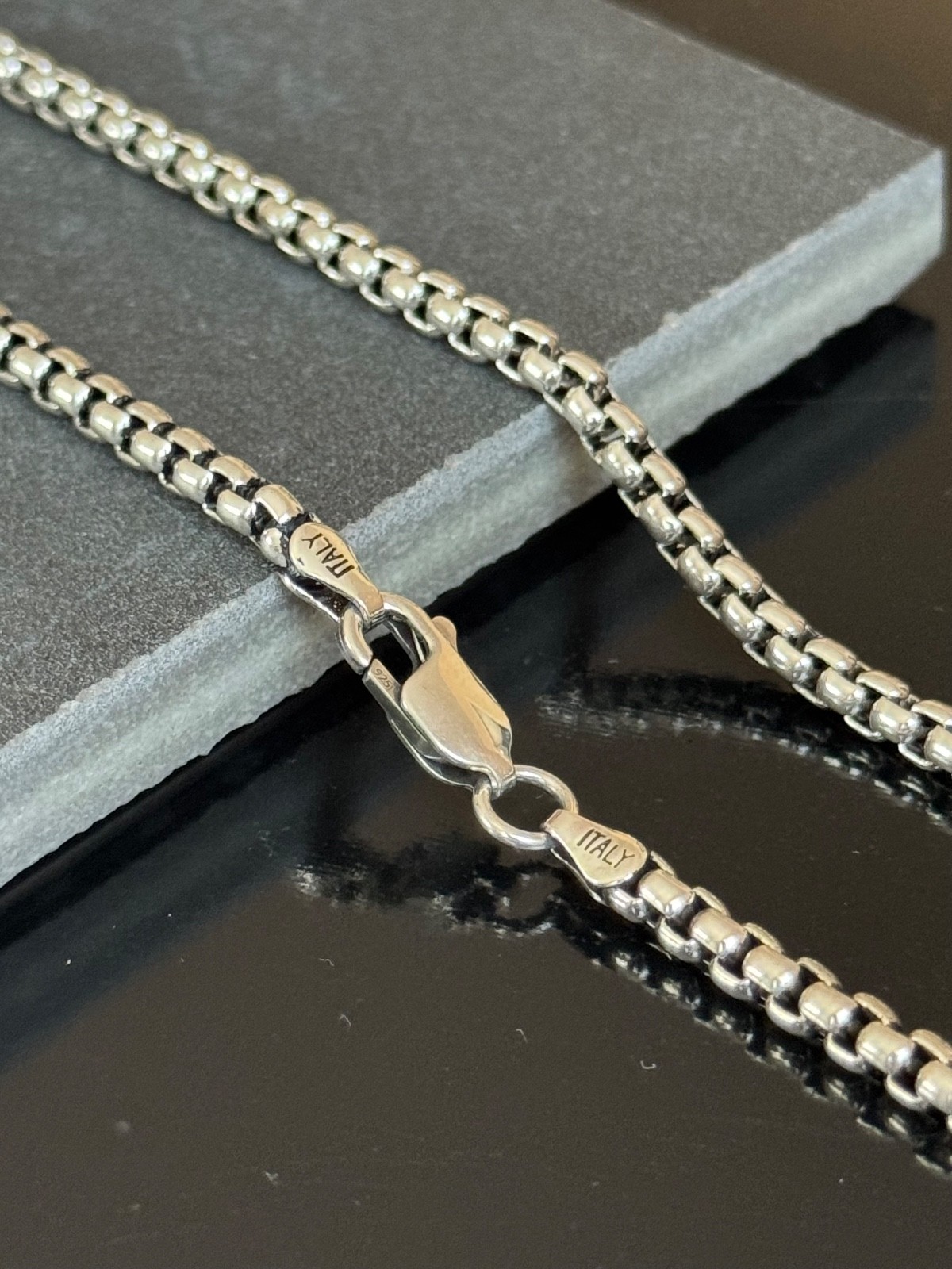 925 Sterling Silver Oxidized Round Box Chain (3.7mm Heavy )
