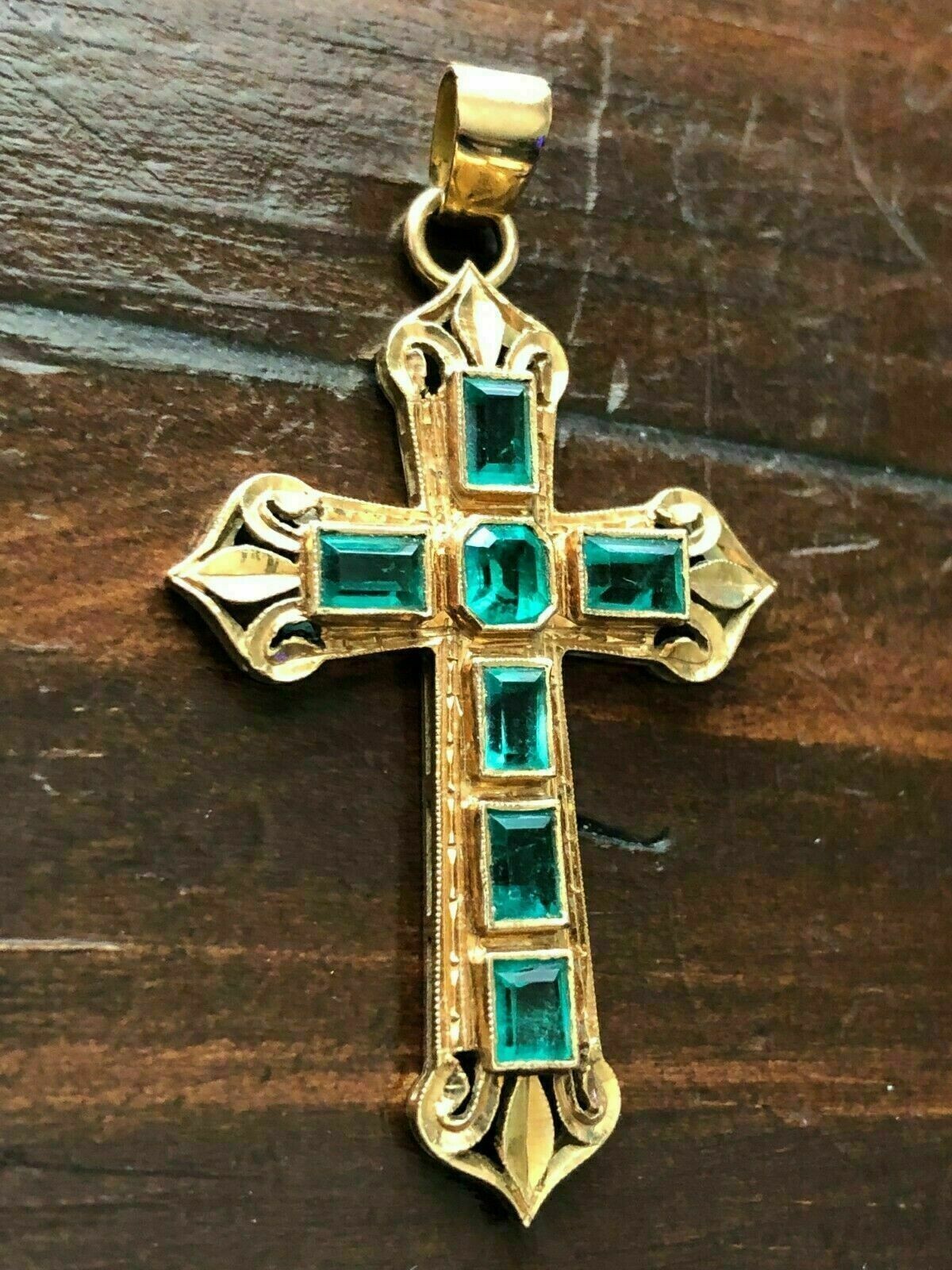 Antique 3Ct Emerald Cut Green Emerald Cross Pendant 14k Yellow Gold Finish