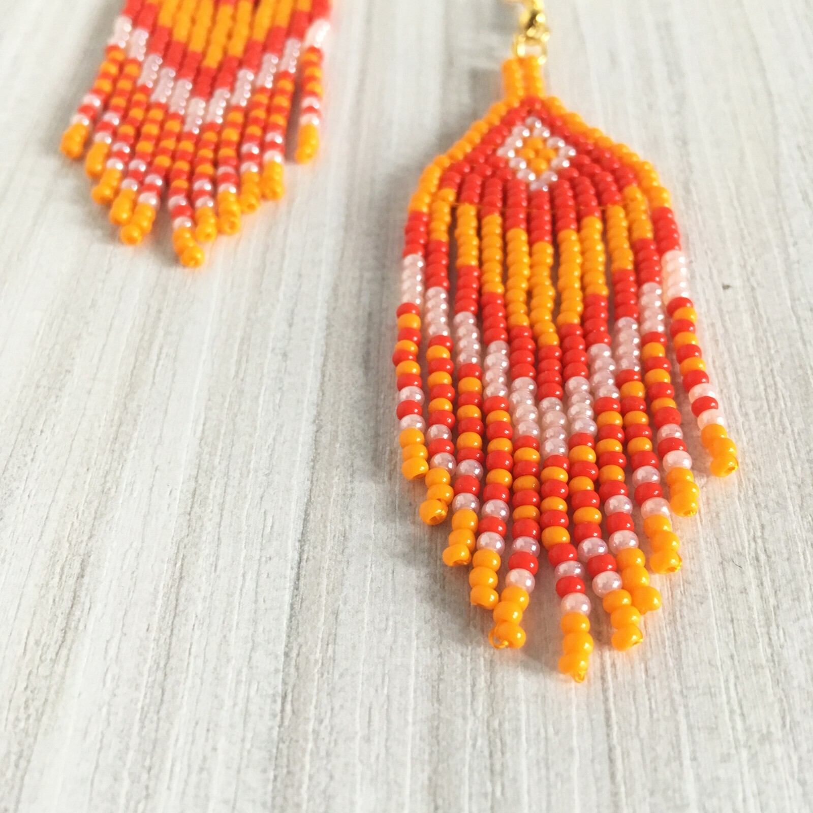Orange red beaded earrings, Halloween seed bead earrings with fringe