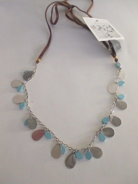 Anthropologie Brown Rope Brass Red bead Turq Charm Tie Necklace NWT $28