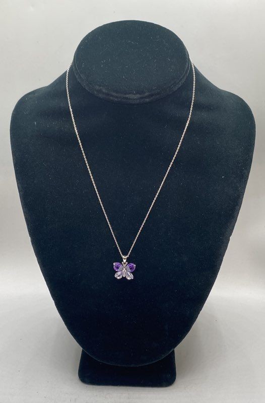 Sterling Silver 925 Purple Clear Crystal Butterfly Necklace Earrings Set 18″
