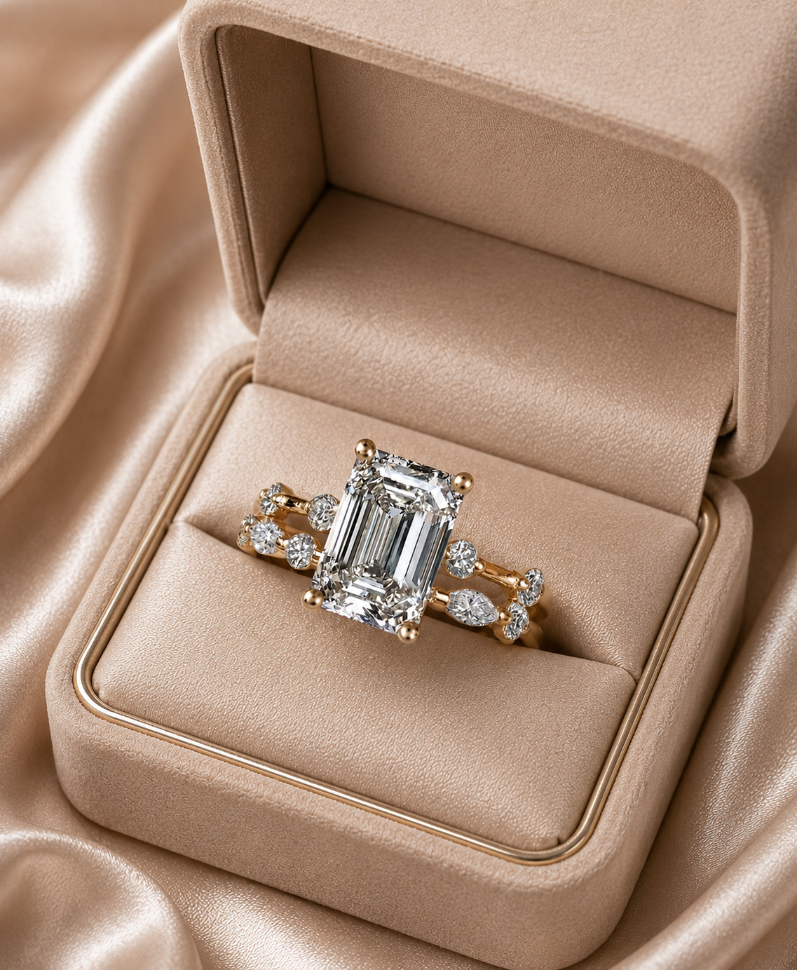 18K Yellow Gold IGI Lab Grown Diamond Wedding Ring Band Set 4.80 CT Emerald Cut