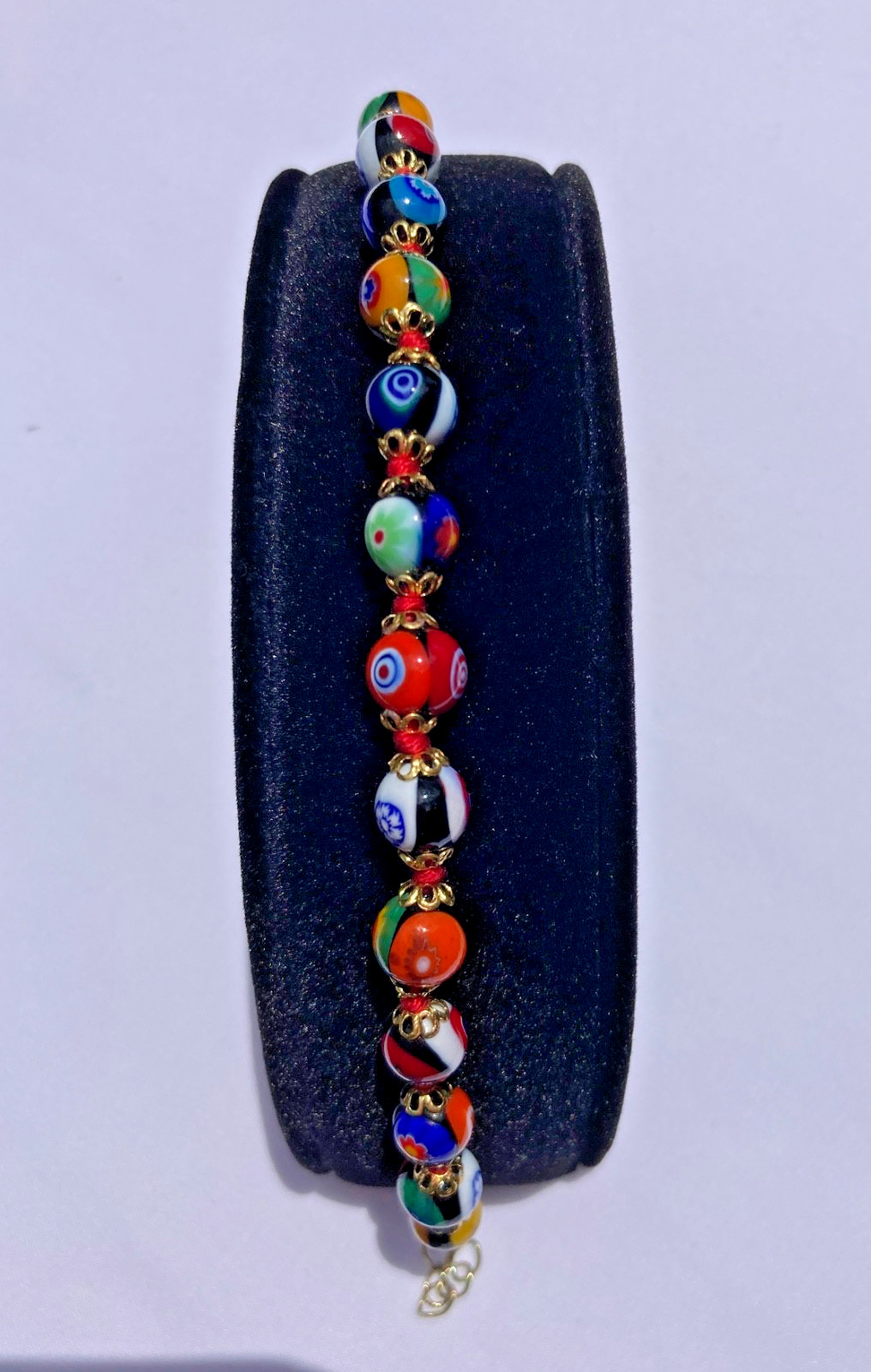 Vintage Murano Style Millefiori Glass Bead Bracelet Italy 7.5″ Hand Knotted