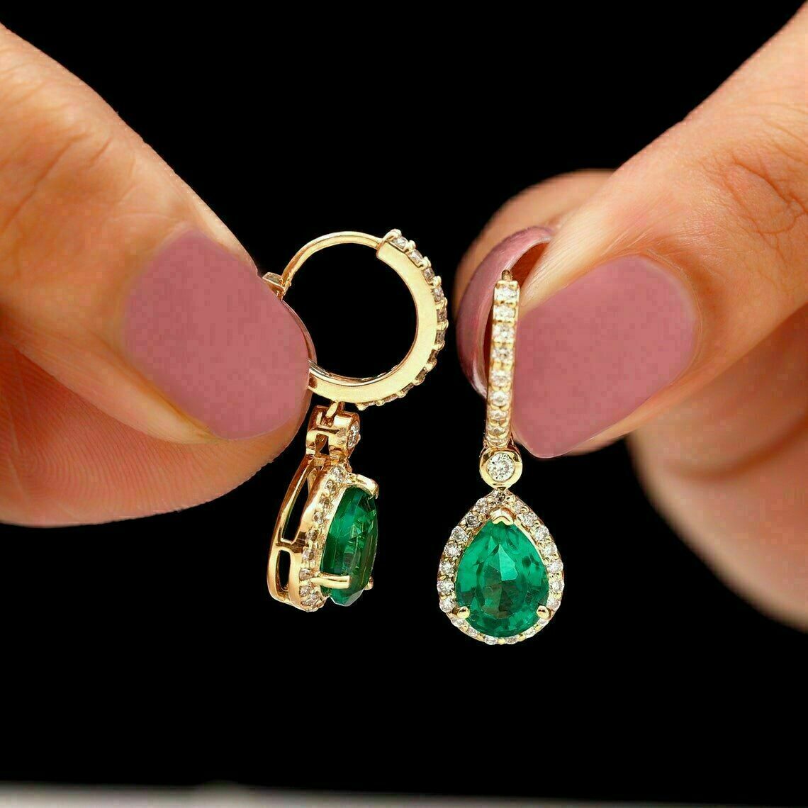 3Ct Pear Cut Green Lab Created Emerald Drop Earrings 14K Yellow Gold Plated