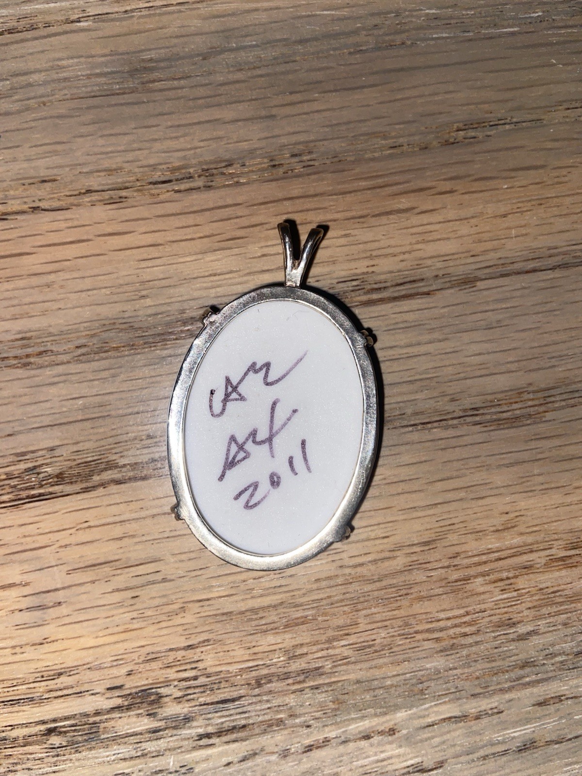Oval Religious Fleur de Lis Pendant Charm White/Silver Tone Hand-Painted Signed