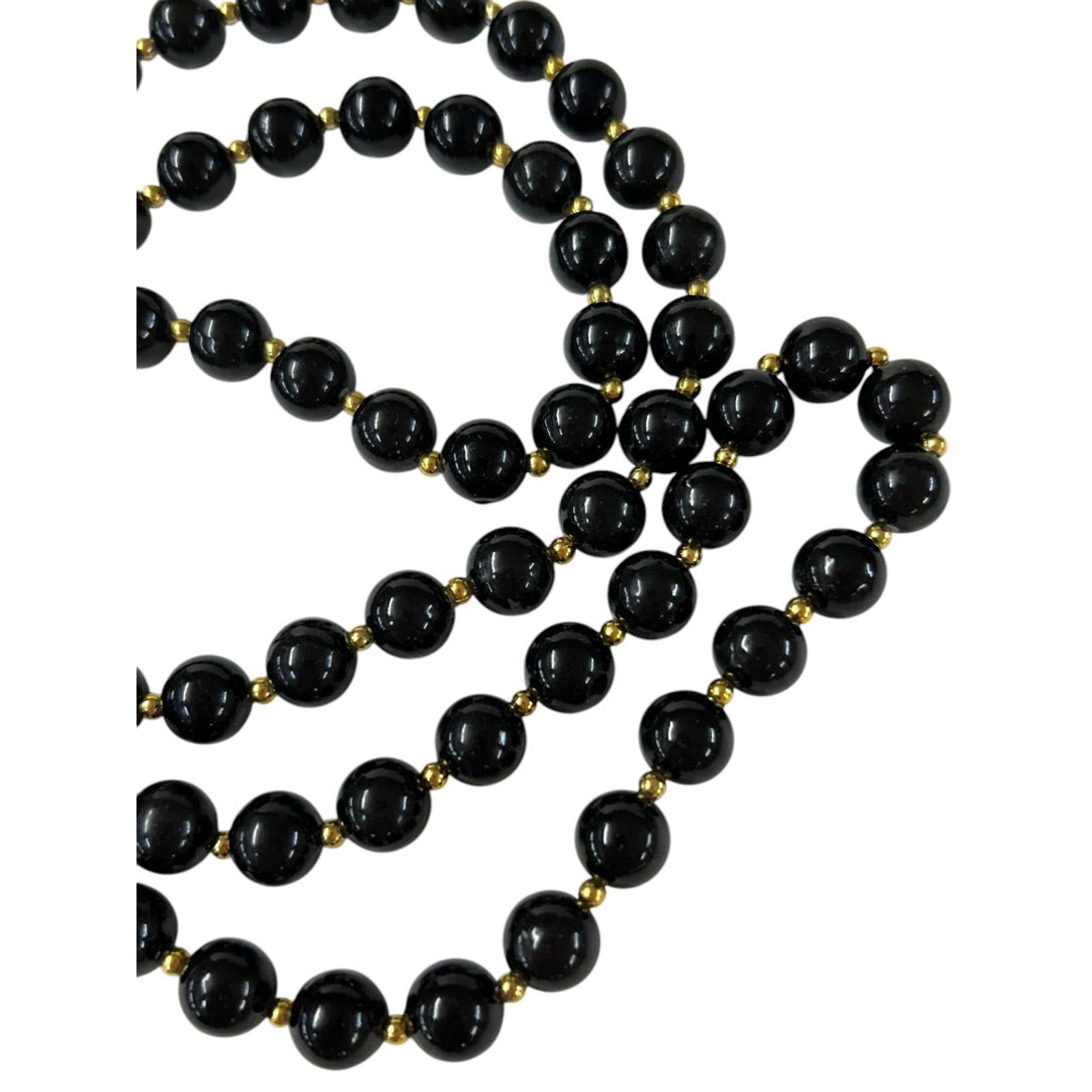 Vintage Black Goldtone Acrylic Necklace Beaded 34 Inch Overhead No Clasp
