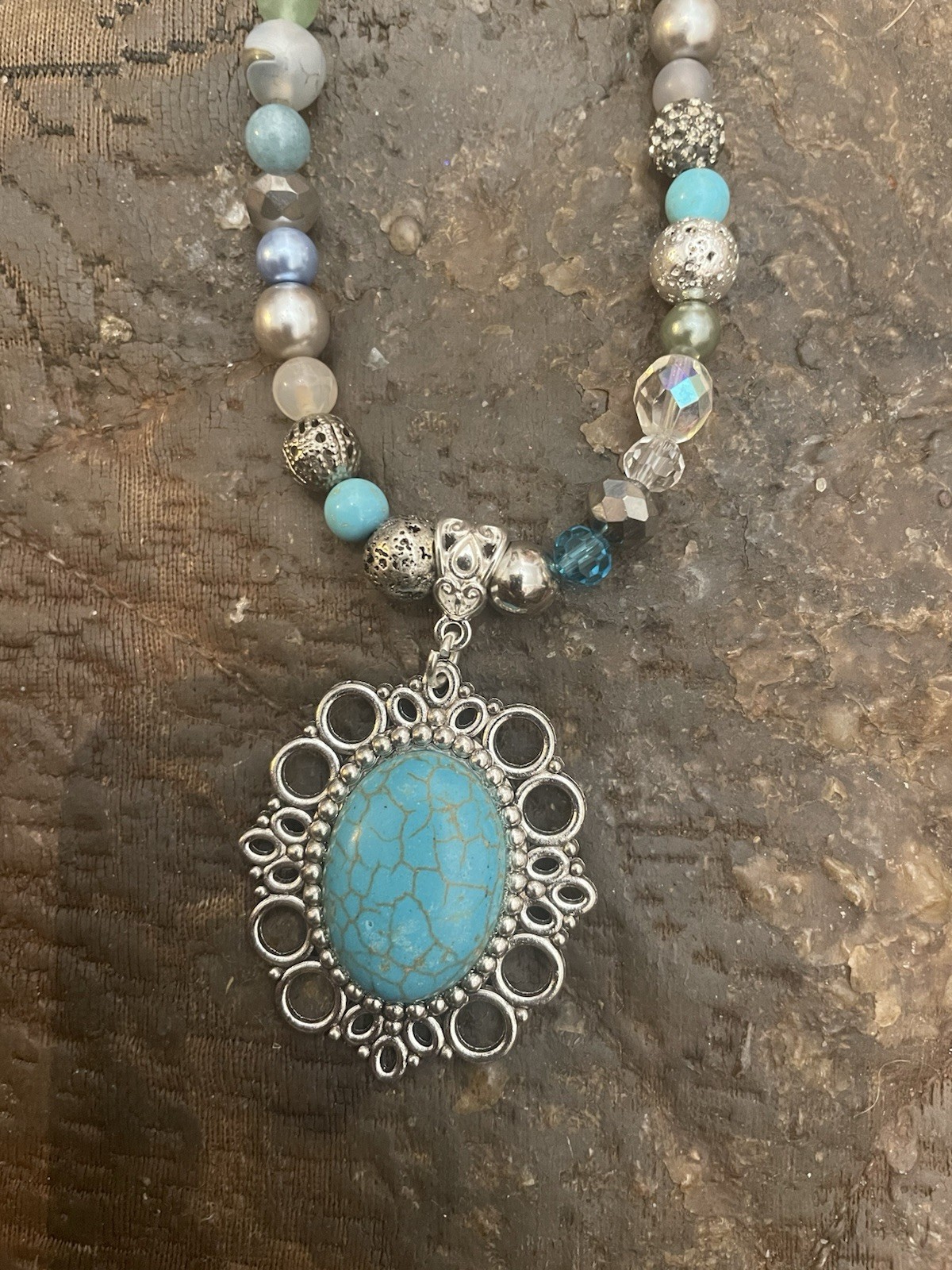 Retro Bohemian Silver Aztec Circlee Turquoise Pendant Agate Crystal Necklace