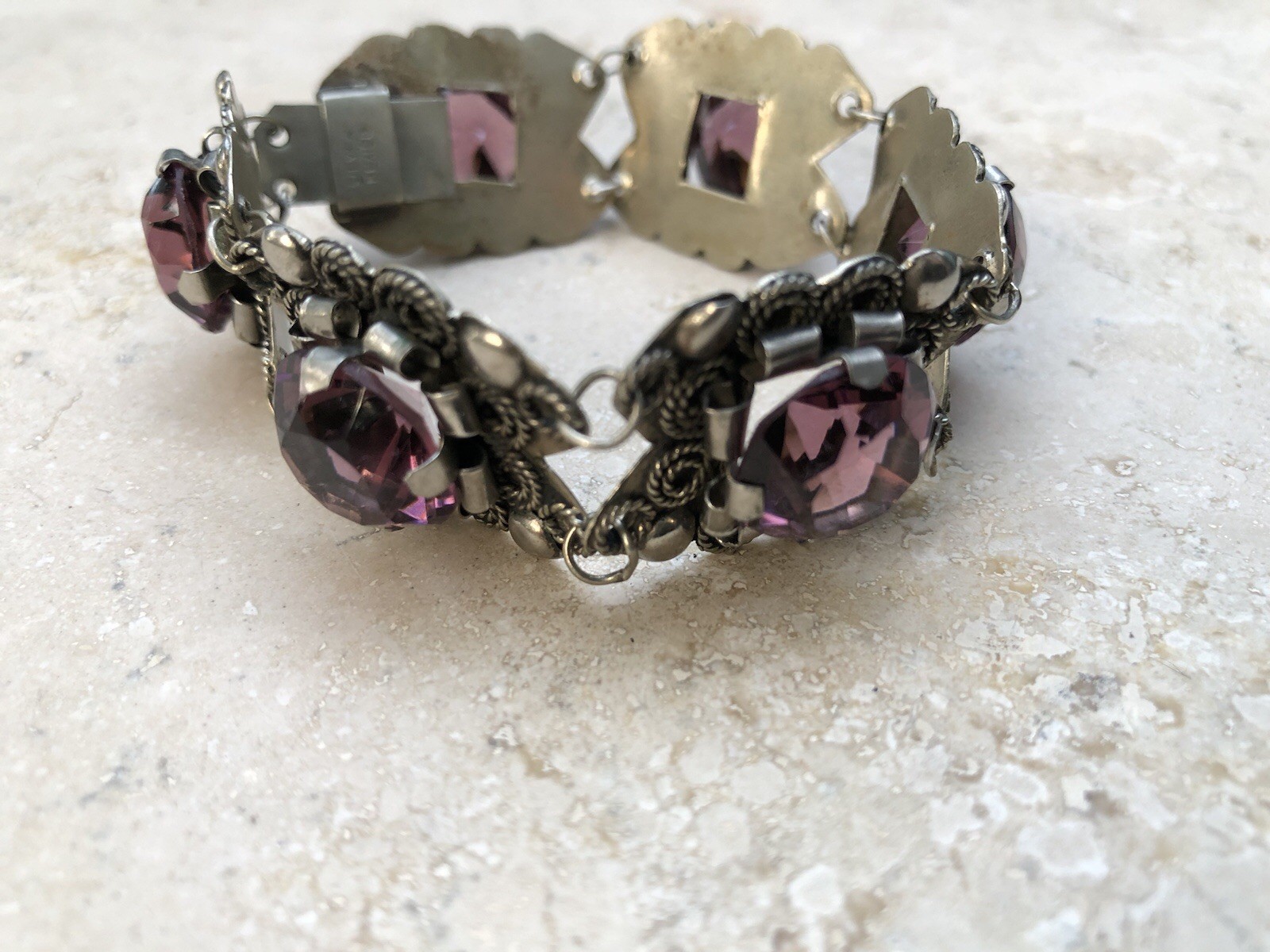 🌟🍇Vintage MEXICO STERLING SILVER Purple Color Stones STATEMENT PANEL Bracelet