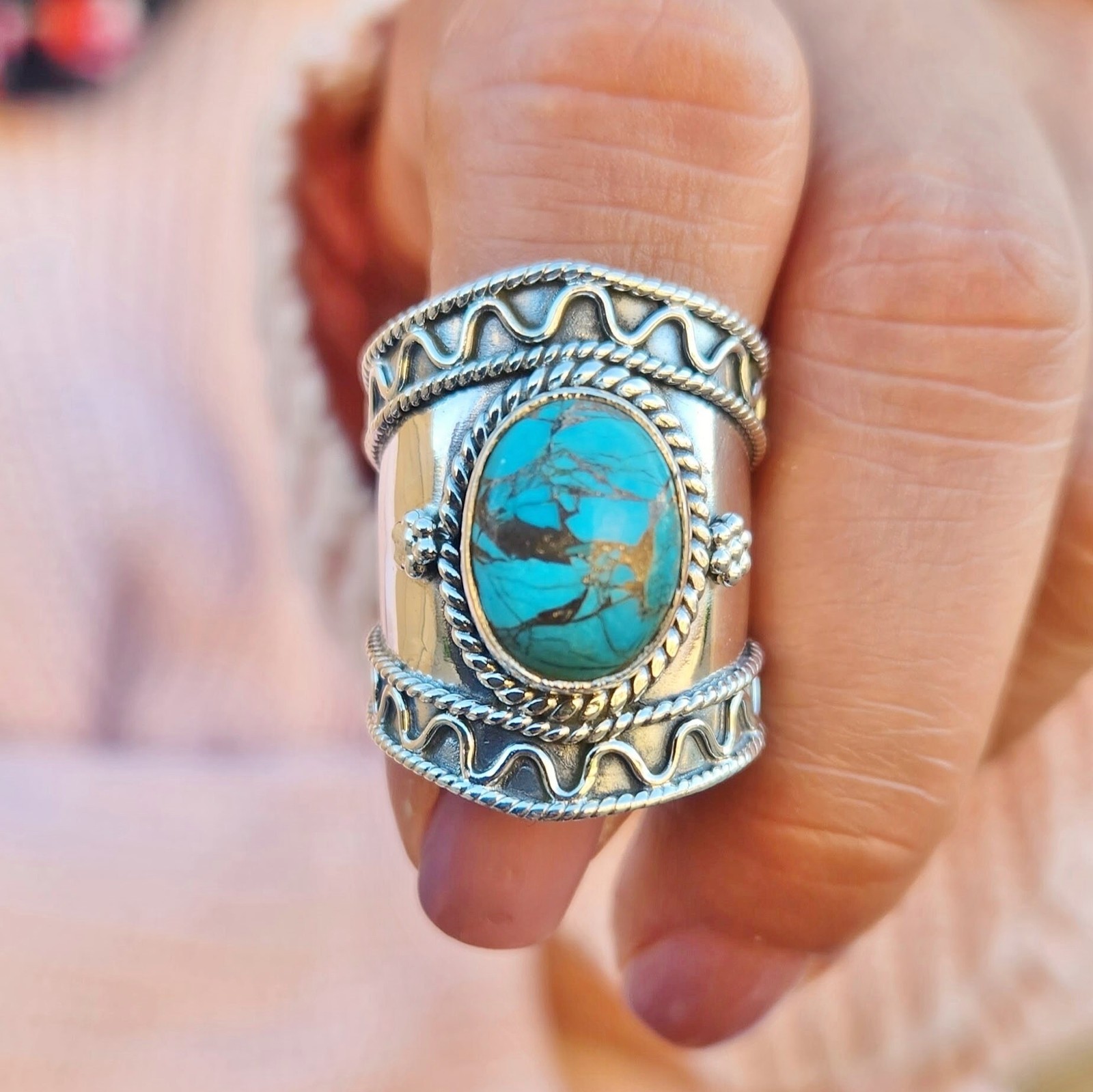Genuine Turquoise Ring 925 Sterling Silver Boho Copper Turquoise Statement Ring