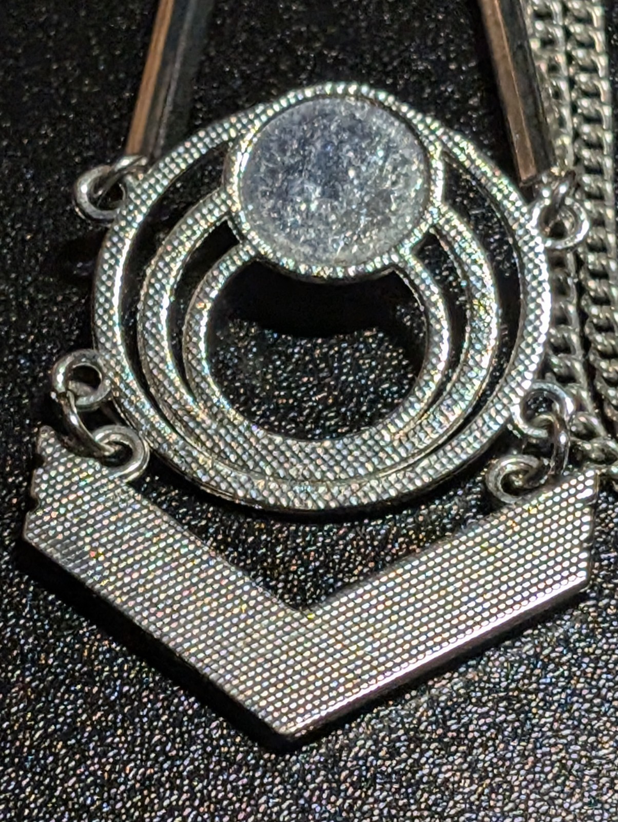 Vintage Art Deco Geometric Chevron Pendant Necklace Silver Tone Black Onyx Style