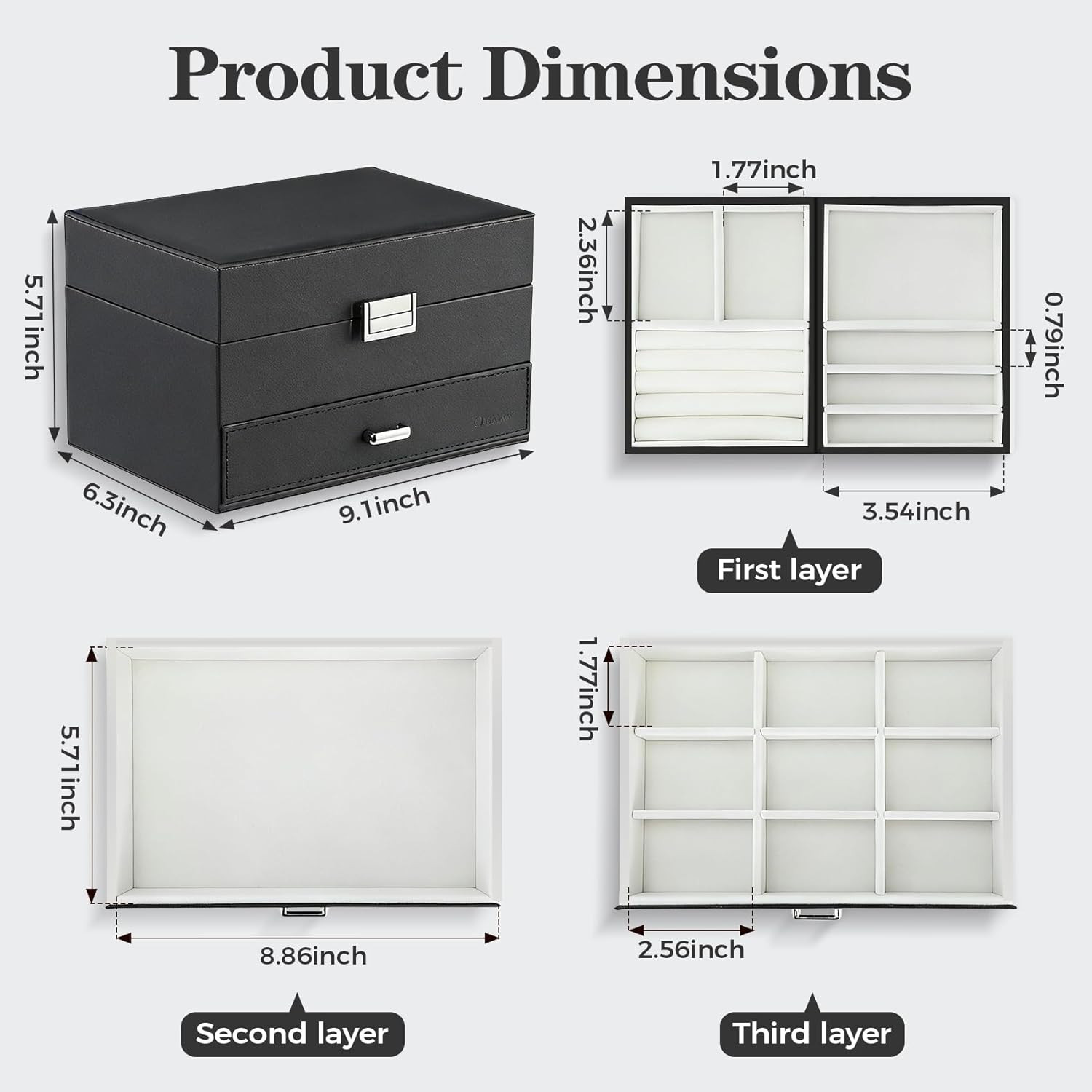 3 Layer Jewelry Organizer Box with Drawer Velvet Jewelry Storage Case Black