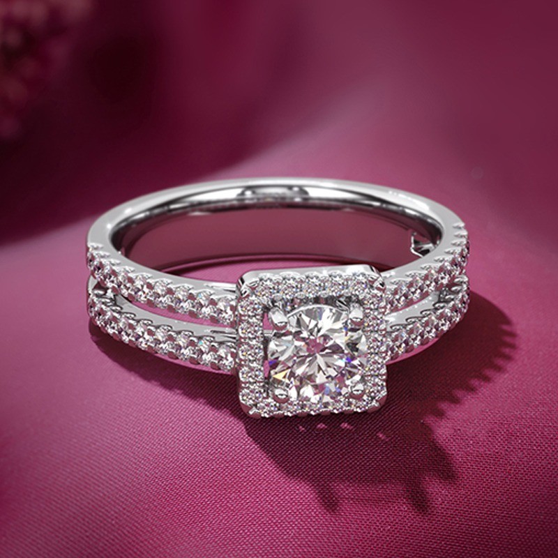 1.45 TCW Round Moissanite Double Band Halo Engagement Ring 14k White Gold Plated