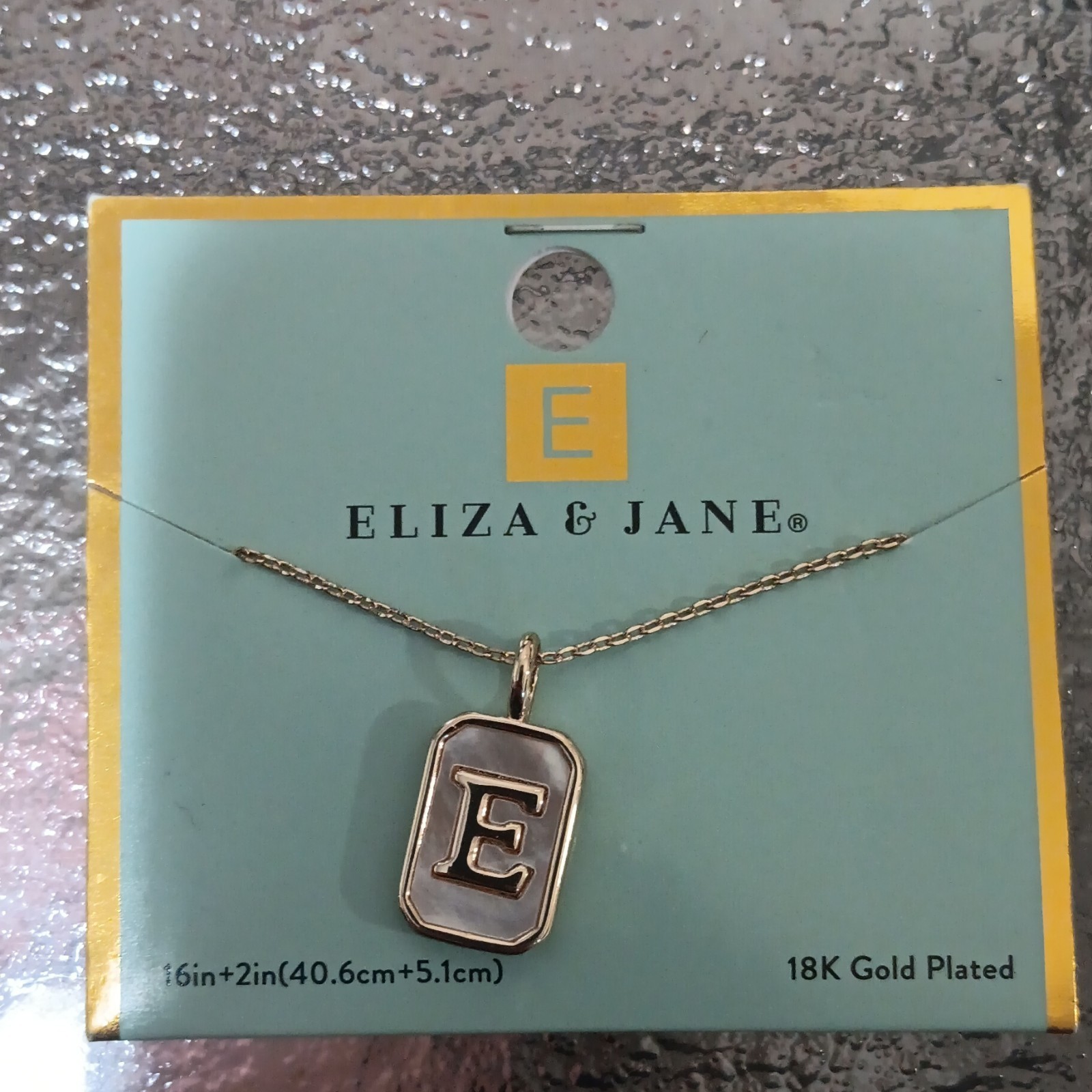Eliza & Jane Letter E Rectangle Pendant Necklace 18K Gold Plated 16+2 in