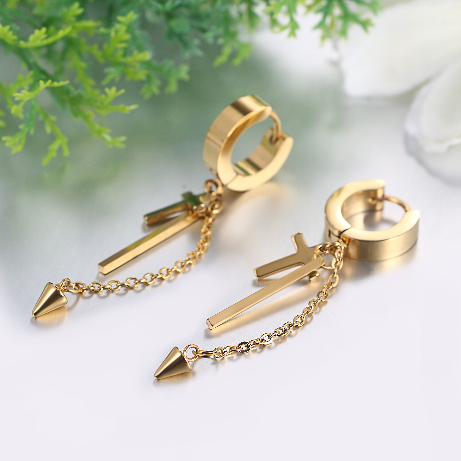 2-6pcs Unisex Long Dangle Cross Spike Huggie Hoop Stainless Steel Stud Earrings