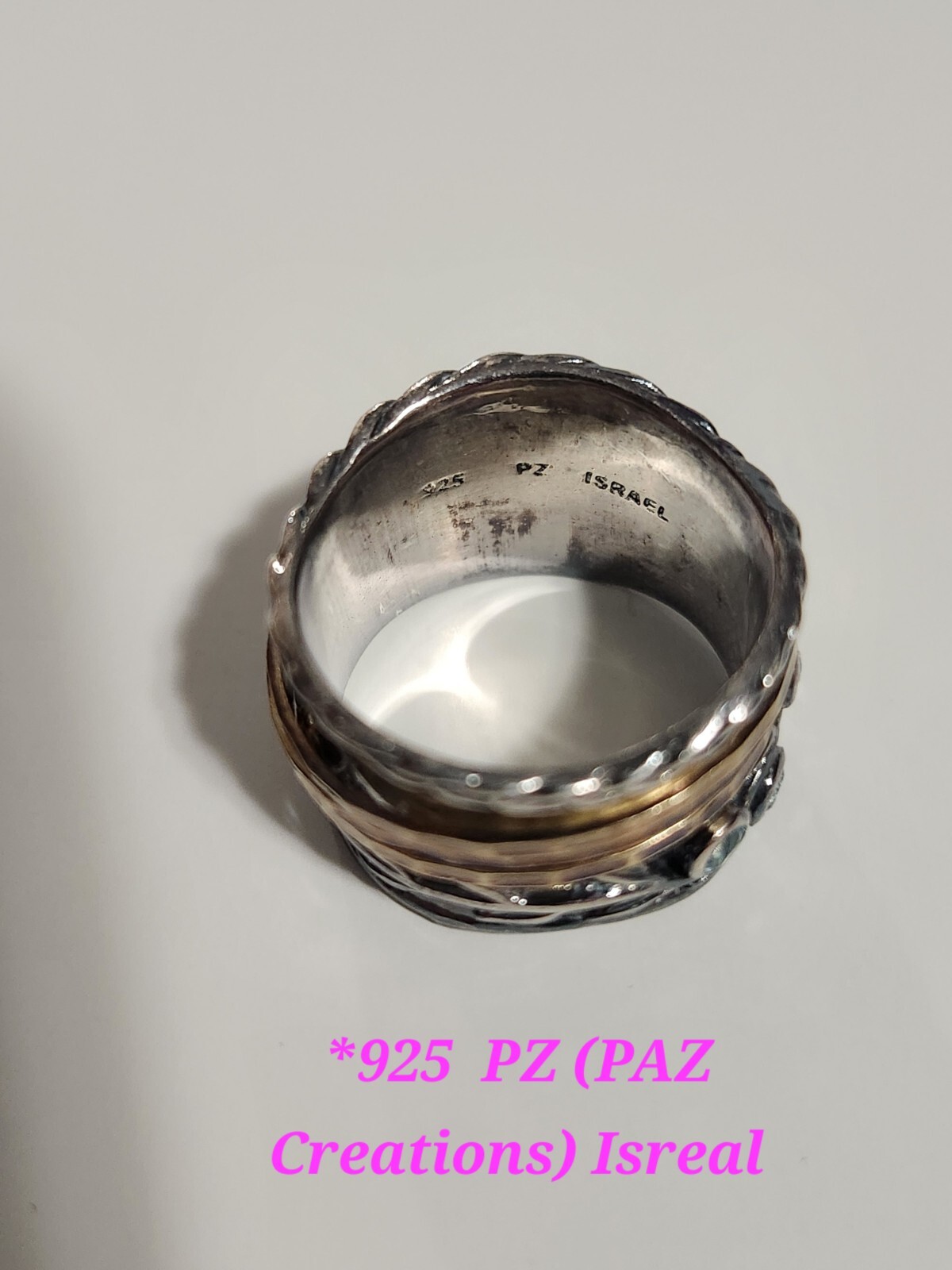 PZ Paz Creation Israel 925 Silver Blue Topaz Two Tone 3 Spinner Band Ring Size 8