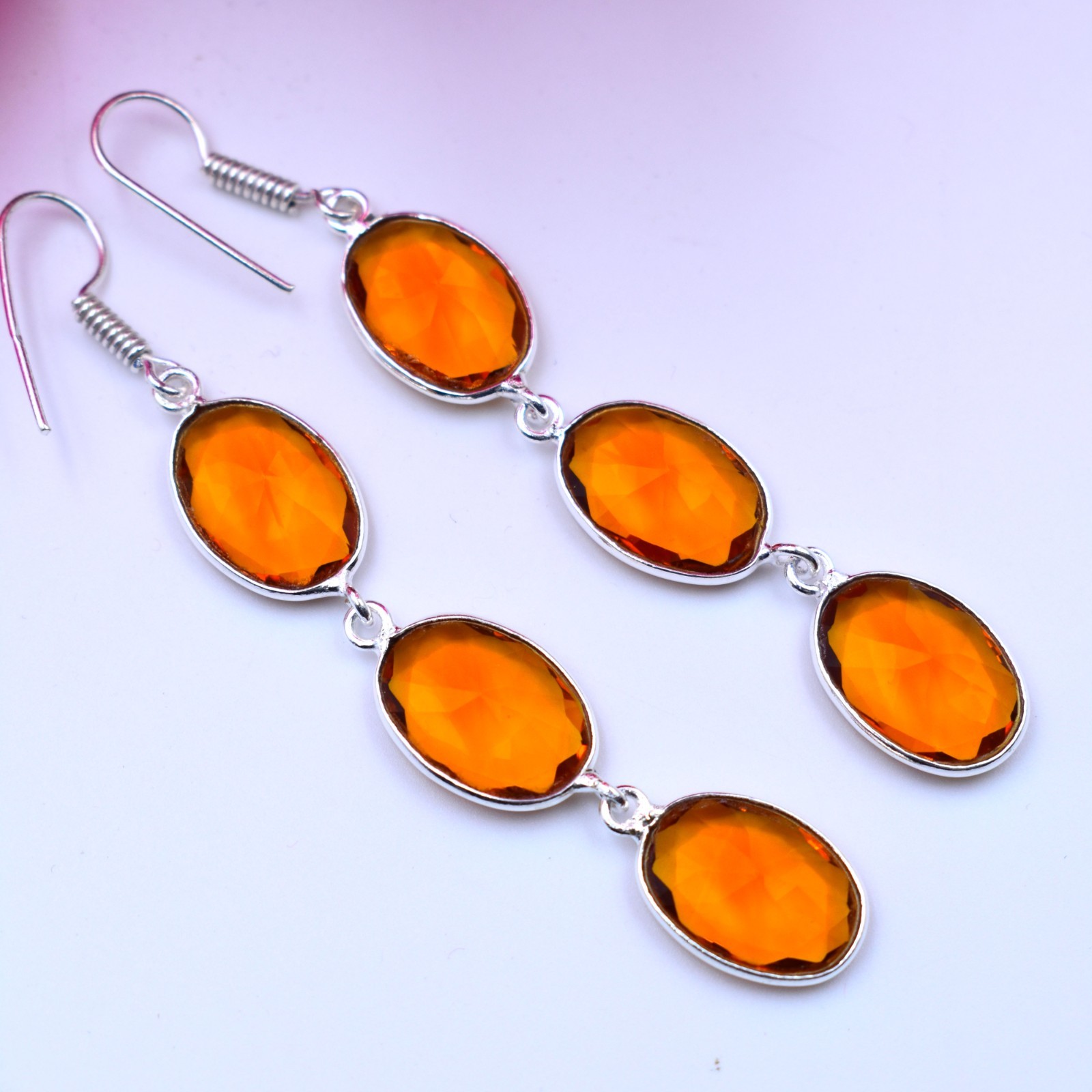Hessonite Gemstone Handmade 925 Sterling Silver Jewelry Earring Size-2.75″