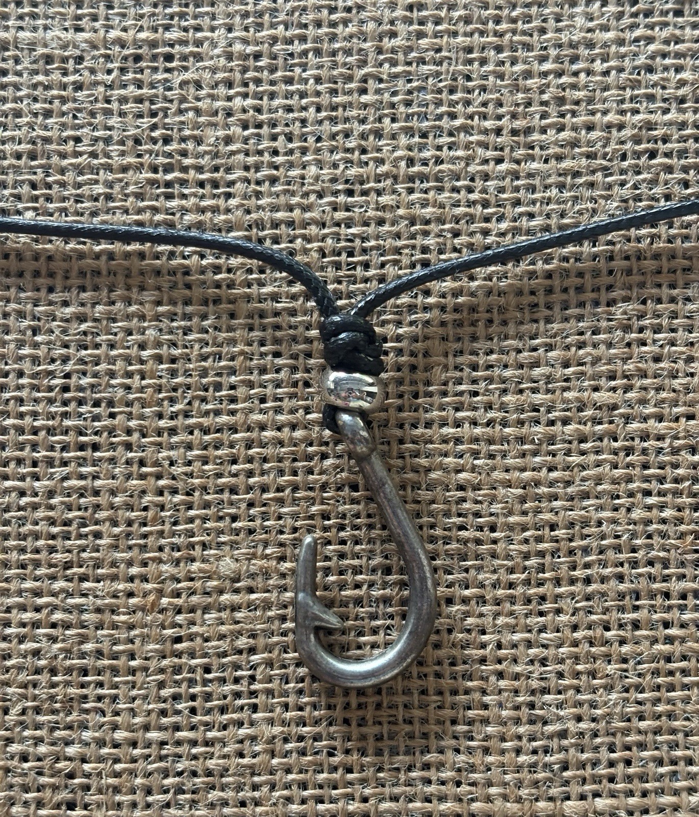 Fish Hook Charm Pendant Black Cord Necklace Nautical Theme Adjustable No Clasp