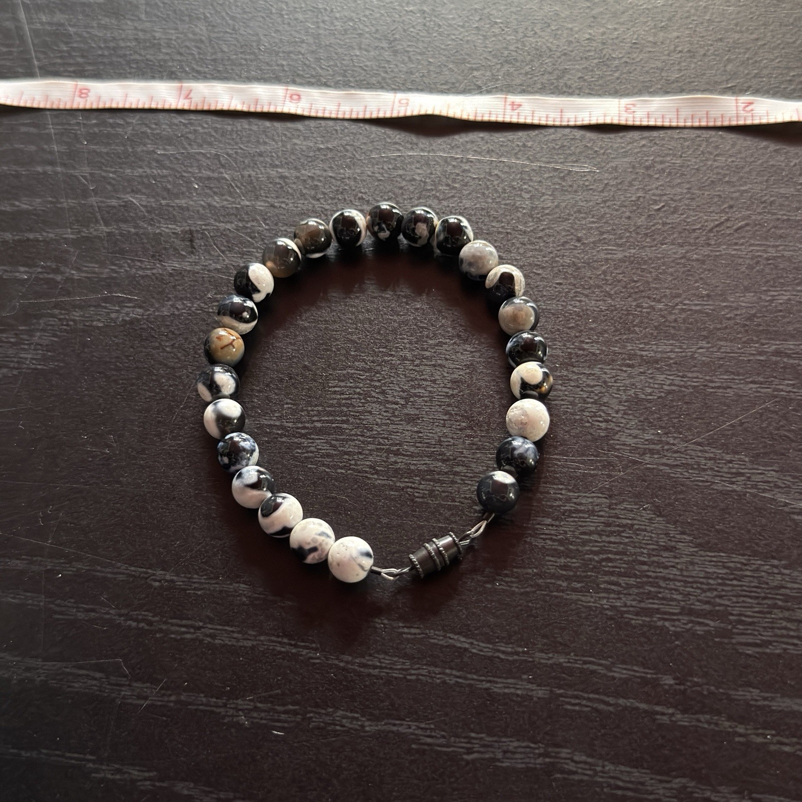 Black Flower Agate Natural Gemstone Bead Bracelet | Smooth Round 8mm