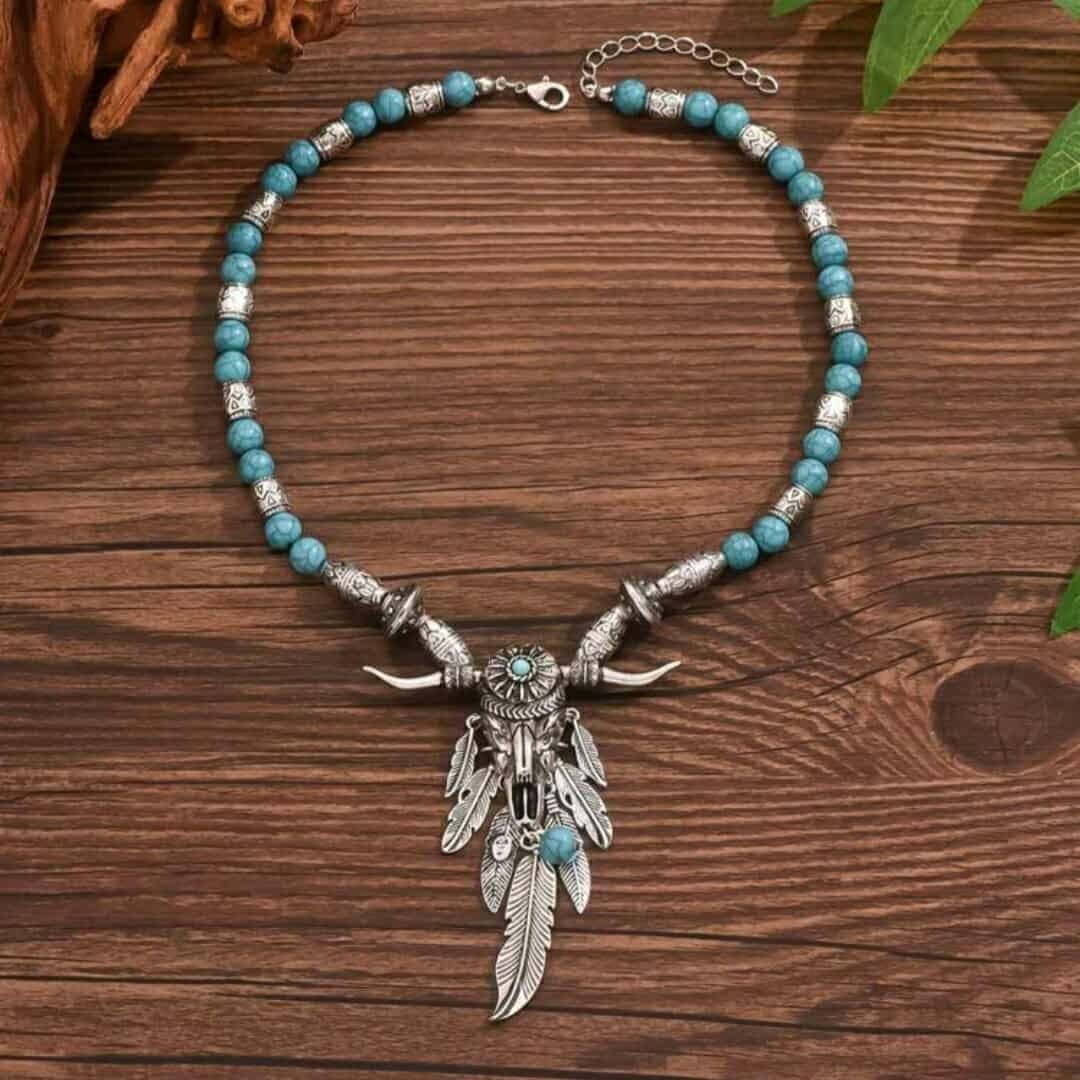 Elegant Boho 925 Sterling Silver Cowboy Cowgirl Turquoise Pendant Necklace