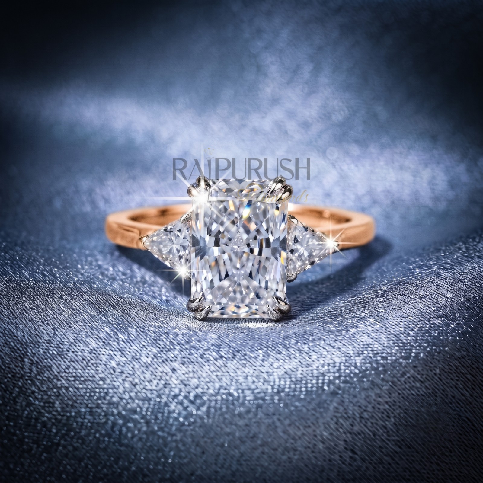 Radiant Cut Moissanite Engagement Ring Triangle Side Stone 925 Silver Ring Women