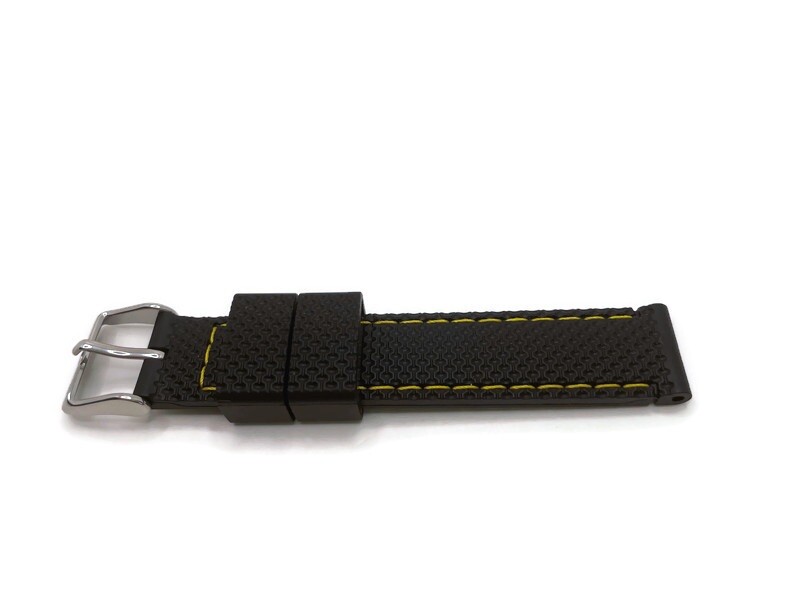 Rubber Watch Strap, Black Textured with Yellow Stitching, Sizes 16mm to 22mm
