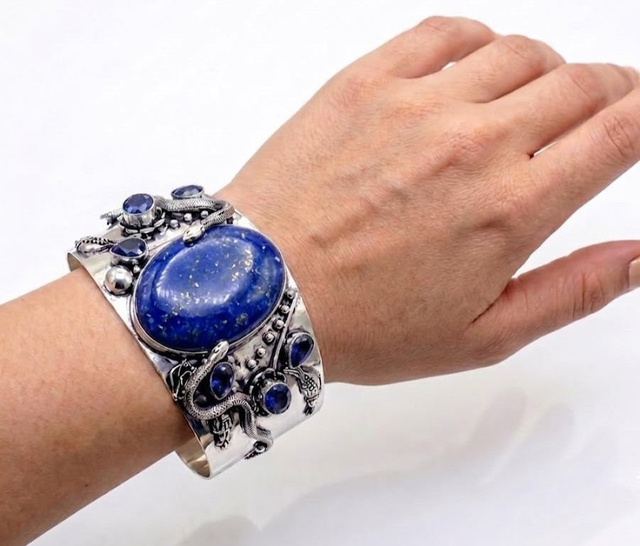 Natural Lapis Lazuli Artisan Cuff Bracelet 925 Sterling Silver ADJ Snake Jewelry