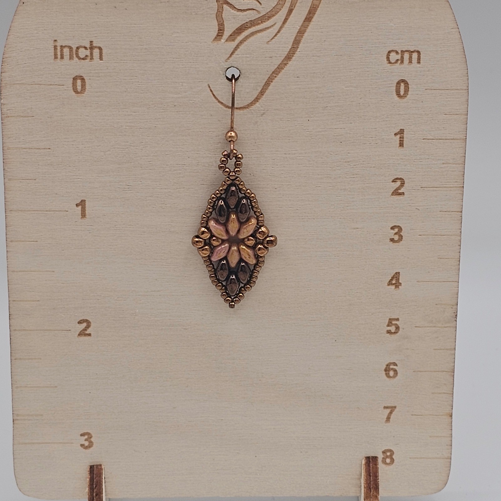 Beaded Floral Boho Dangle Earrings Mauve Purpleish Bronze Tones Earthy