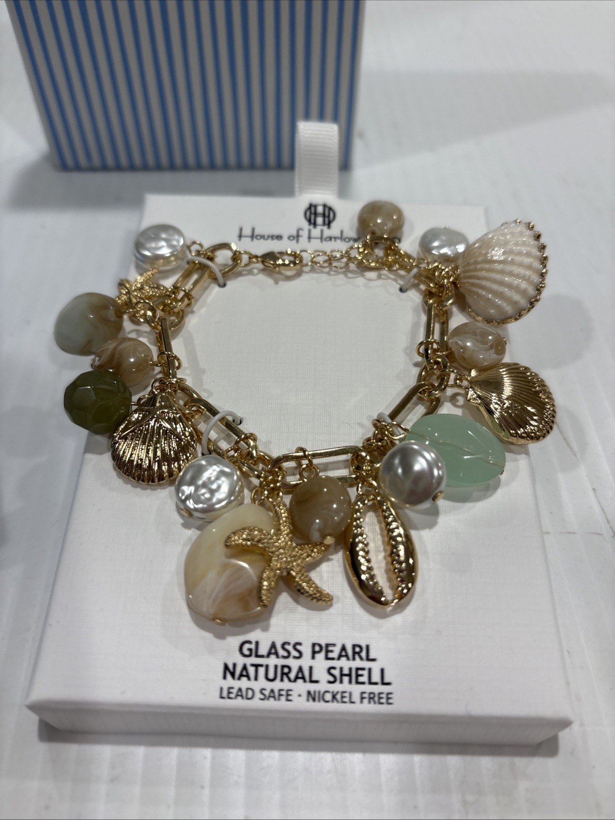 House of Harlow Glass Pearl and Natural Shell Beach Charm Bracelet NWT
