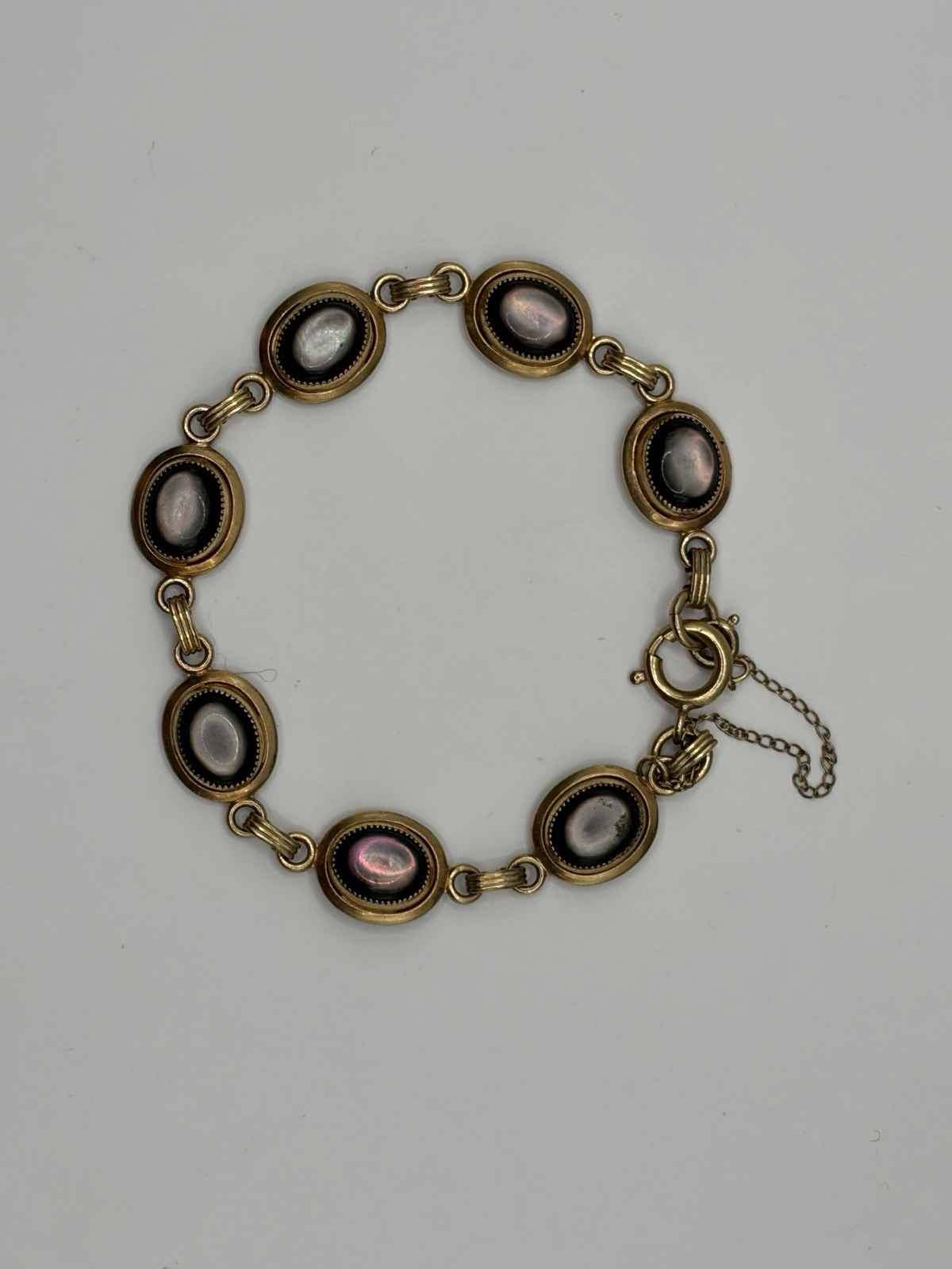 Vintage 1/20 12K Gold Filled Black Mother of Pearl MOP Oval Link Bracelet 6.25″
