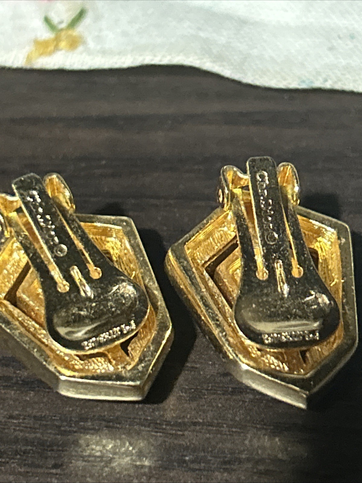 Vintage Signed Christian Dior Black Cream Enamel Open Work Clip Earrings Patent