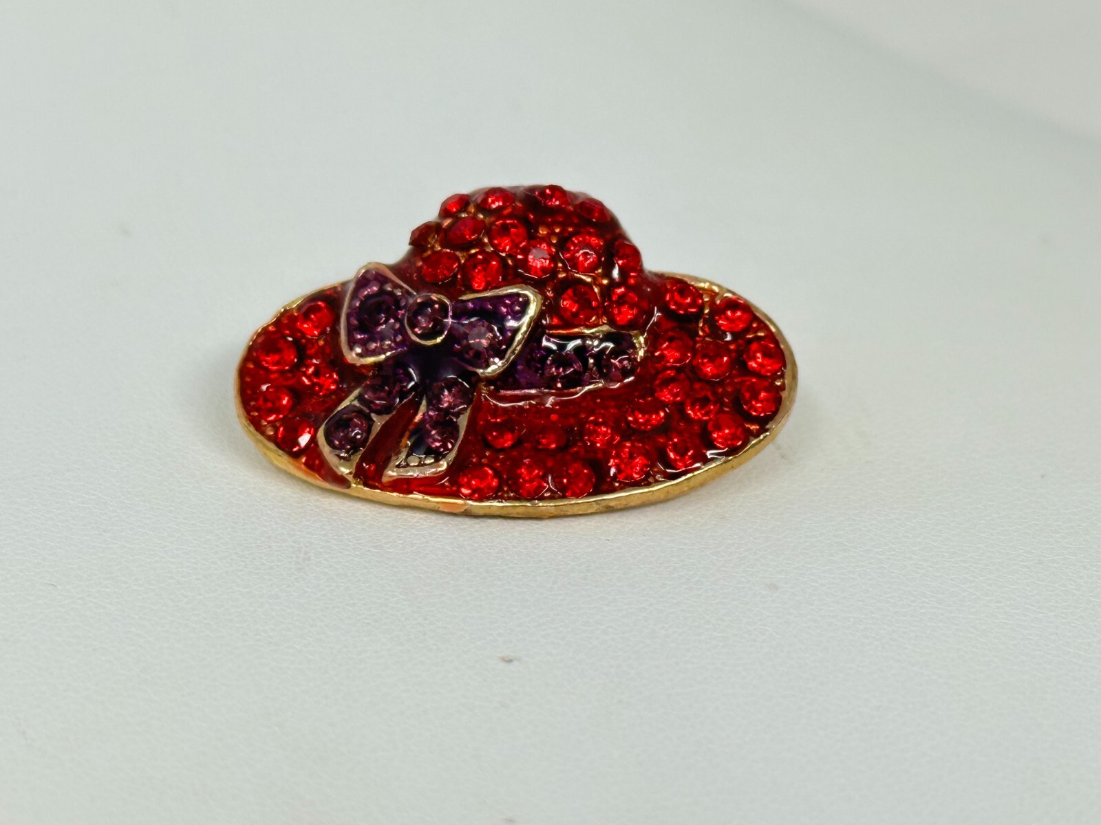 Vintage Goldtone Red & Purple Rhinestone Red Hat with Bow Pin