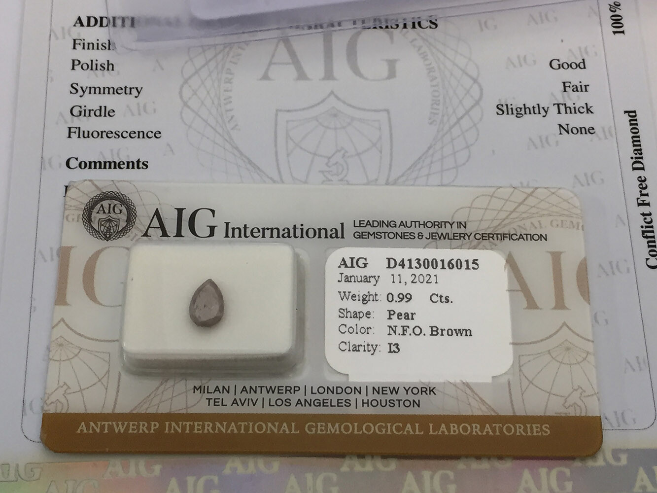 0.99Ct Pear Cut Orange Brown Diamond – Exquisite Rarity + AIG Certificate