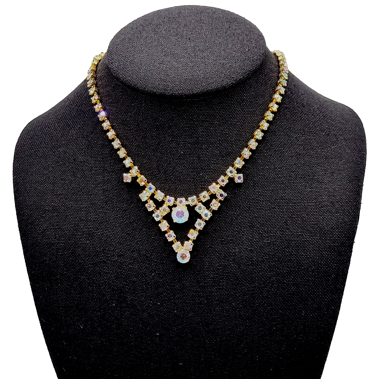 Swag or V Style Drop Choker AB Rhinestone Necklace Gold Tone Vintage 15 inch