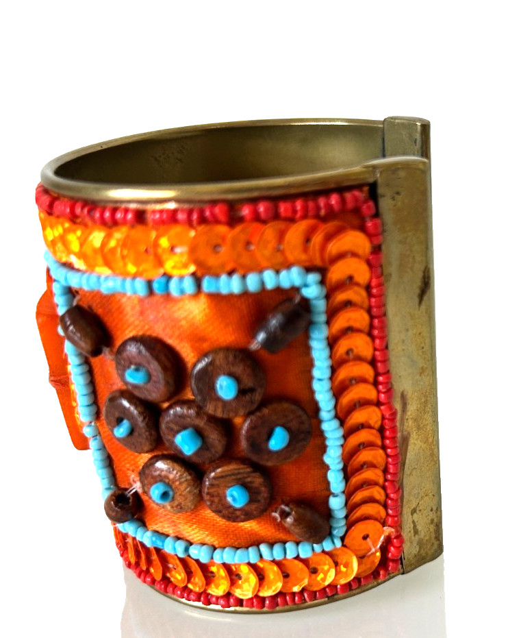 Artisan Boho Jewelry Set Orange Sequin Beaded Wide Cuff Flower Pendant Necklace