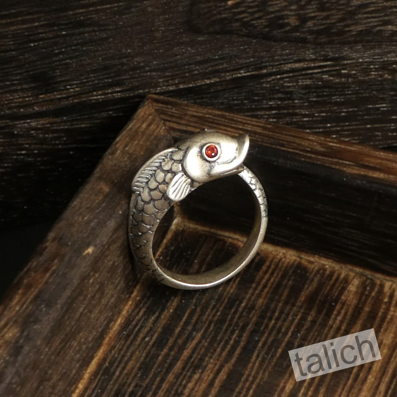 Antiqued 925 Sterling Silver Lucky Koi Fish Ring Red CZ Eyes Adjustable Unique