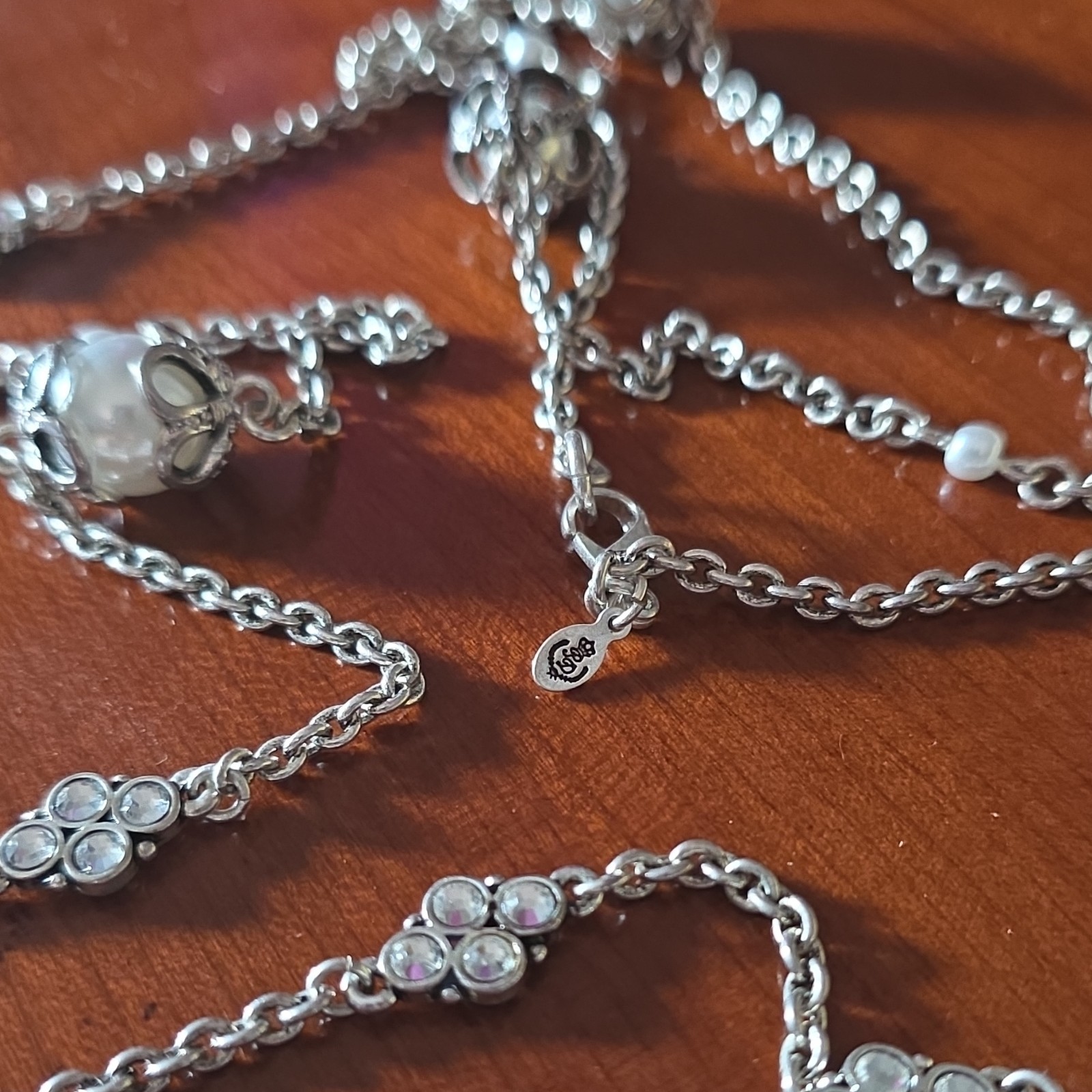 Silver Tone Necklace With Encased Faux Pearls & Rhinestones High Quality