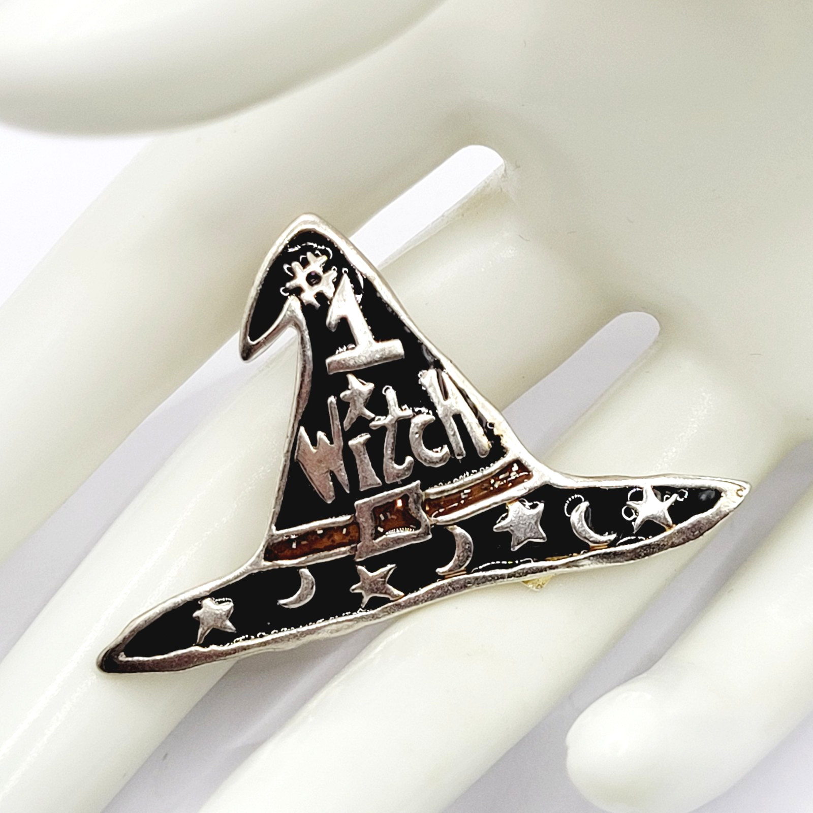 Number 1 Witch Black Witches Hat Metal and Enamel Halloween Vintage Brooch Pin