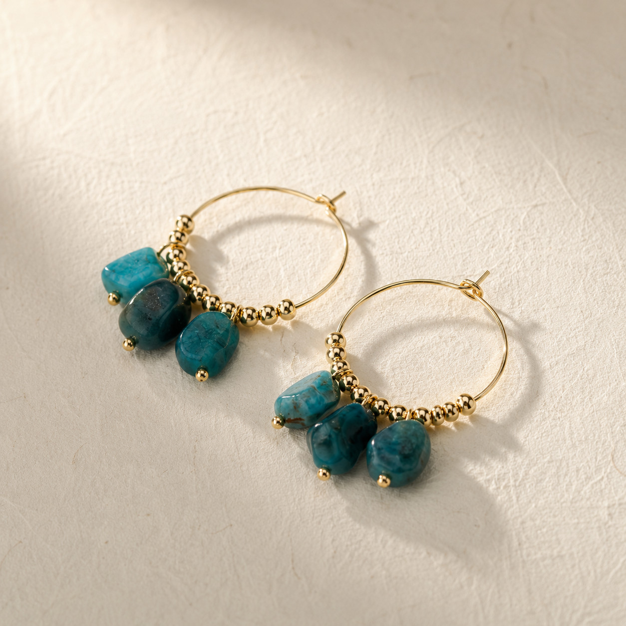 Natural Blue Apatite Drop Hoop Earrings | 18K Gold Plated | Focus & Clarity
