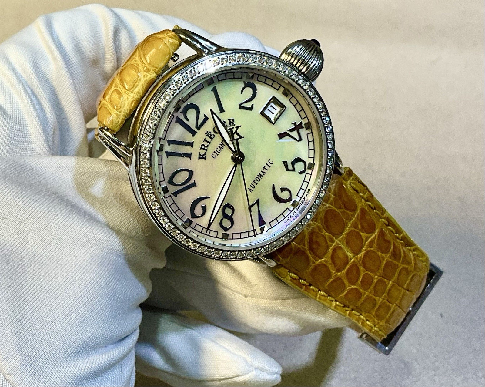 Krieger Gigantium Diamond Bezel MOP Dial Leather Strap Watch Full Set
