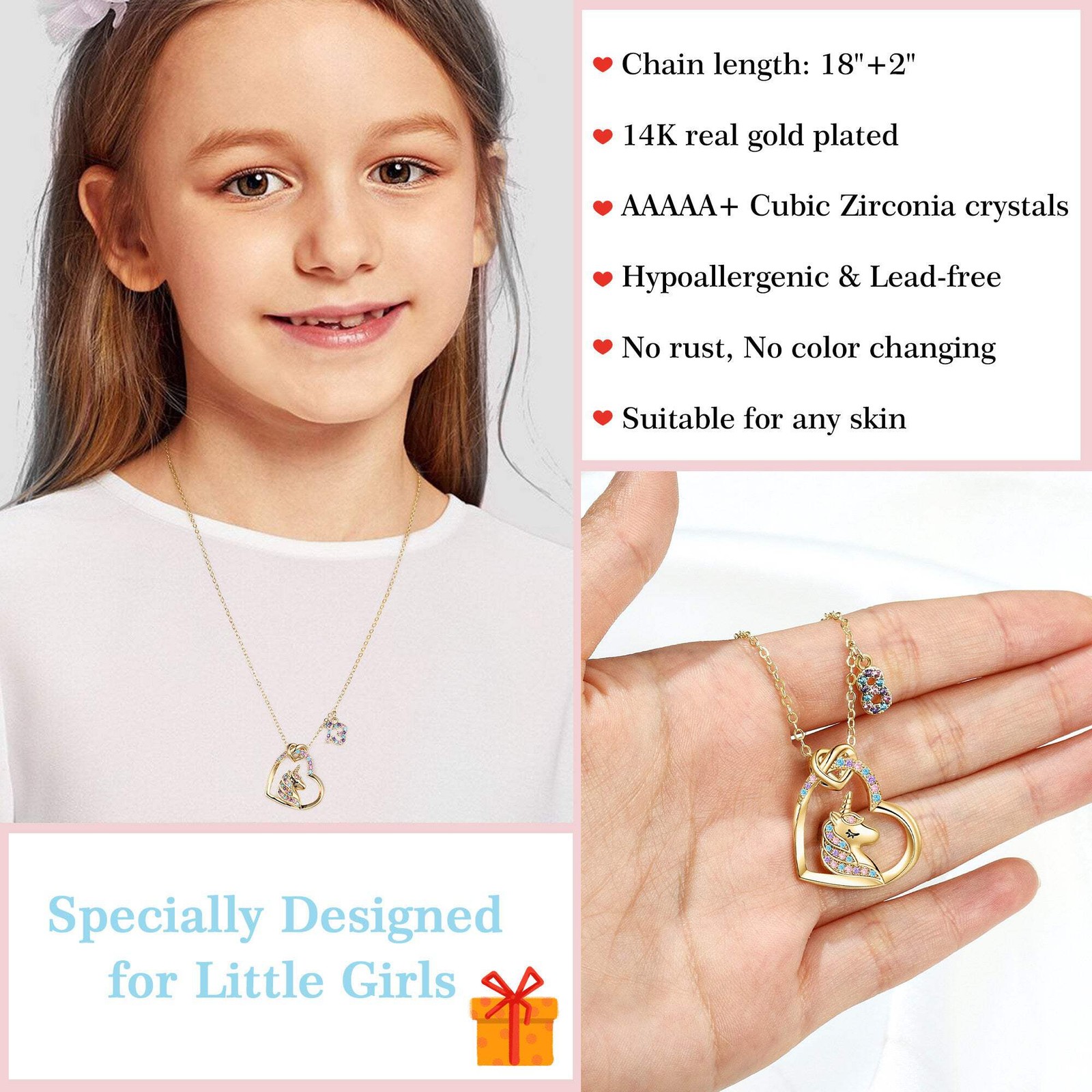 Turandoss Gold Heart Zircon Unicorn Necklace for Kids 3-8 Year Old, 18+2.5In