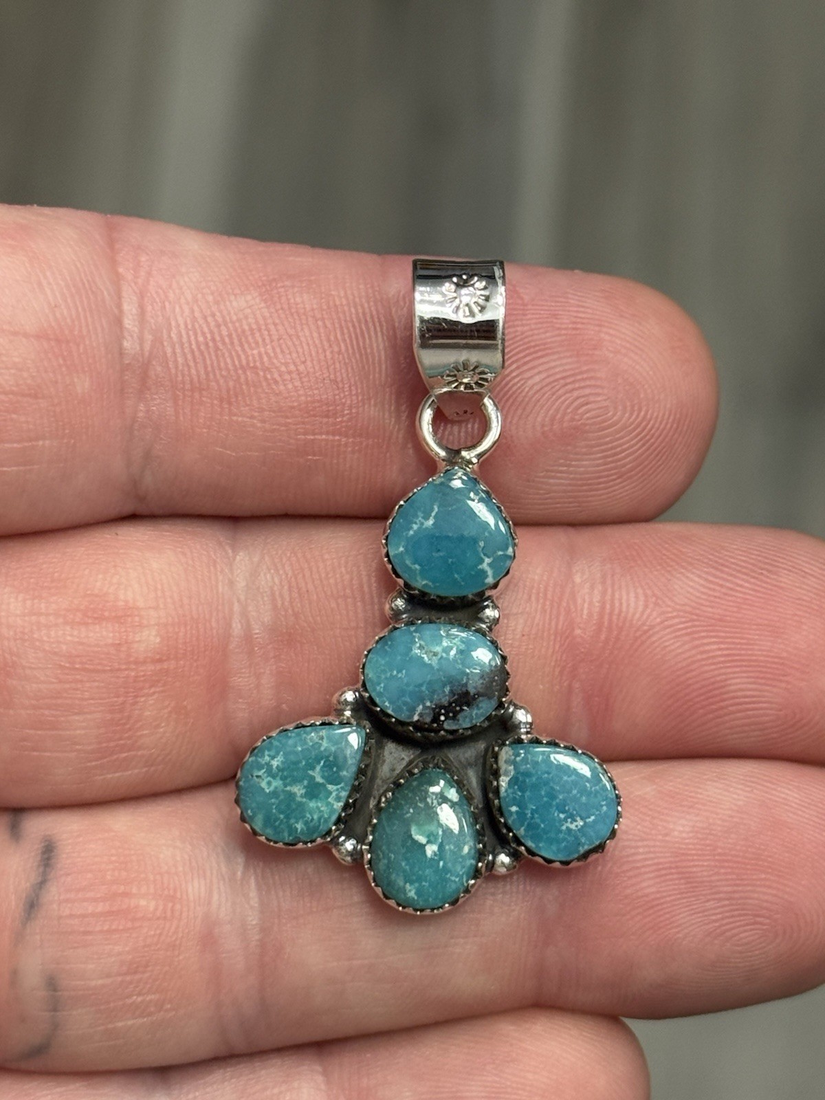 STERLING SILVER WHITE WATER TURQUOISE 5 STONE MIX SHAPE CLUSTER PENDANT .925