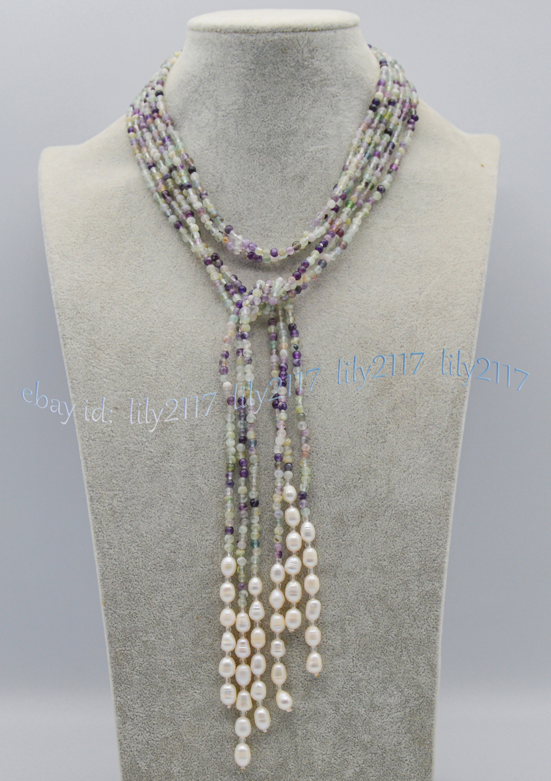 3 Strands 4mm Multicolor Fluorite White Freshwater Rice Pearl Lariat Necklace