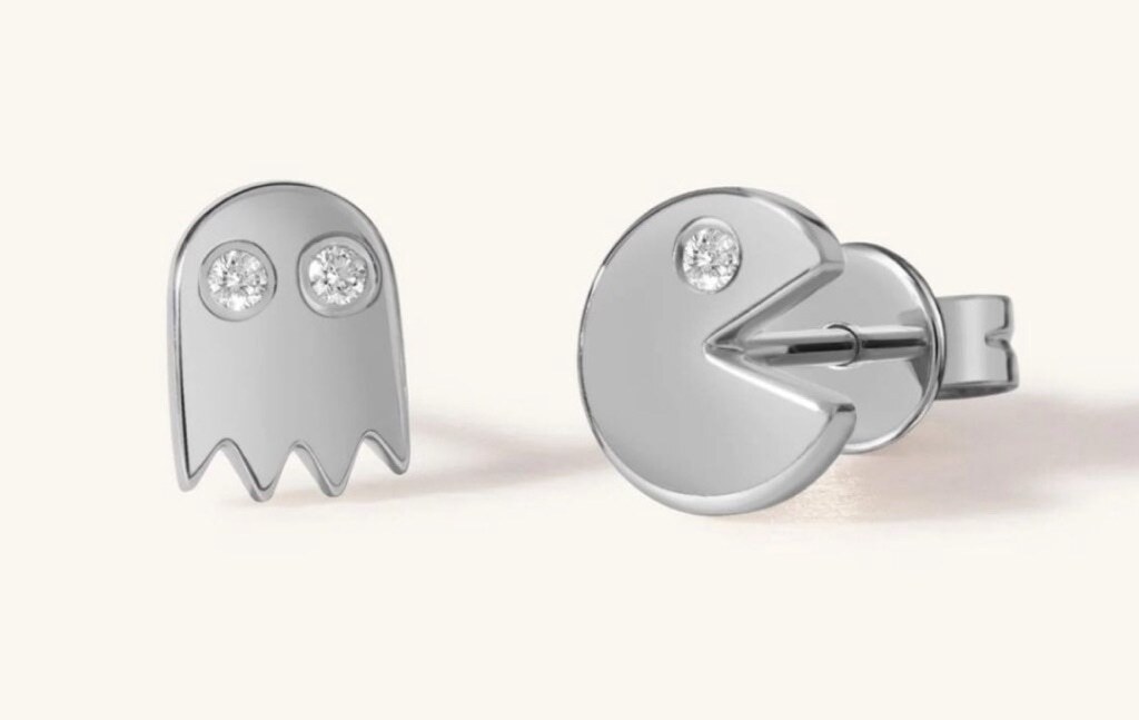 NEW Unisex Mismatch 14k Gold Accent Diamond PAC-Man and Ghost Stud Earrings