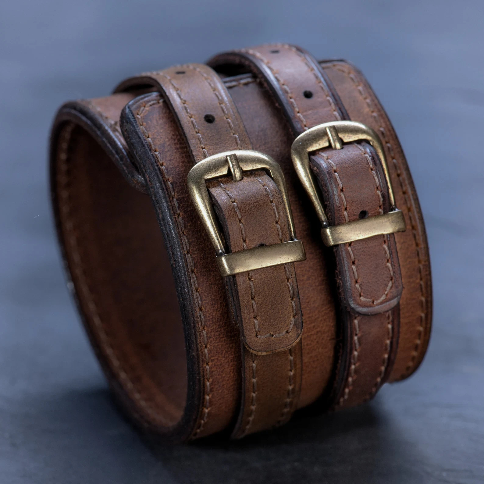 Engraved Black Leather Double Strap Cuff Bracelet,Adjustable Buckle Wristband