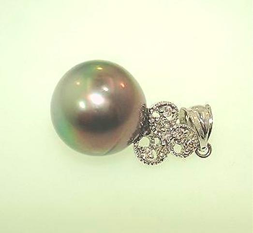 14k White Gold 12.2mm 13.04Cts Black Tahitian Pearl 0.06Cts Diamond Pendant #1