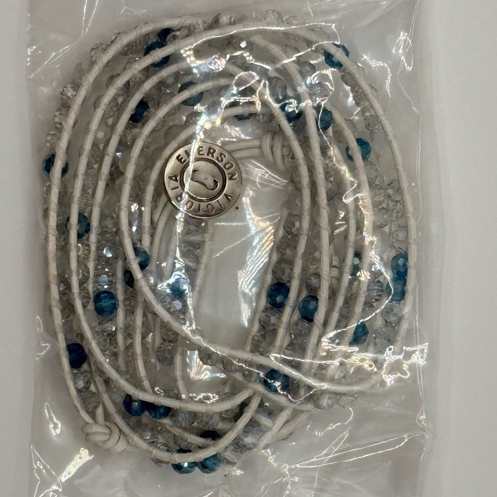 Victoria Emerson 5‑Wrap Bracelet – Iridescent Ice Blue Crystals on White Cord