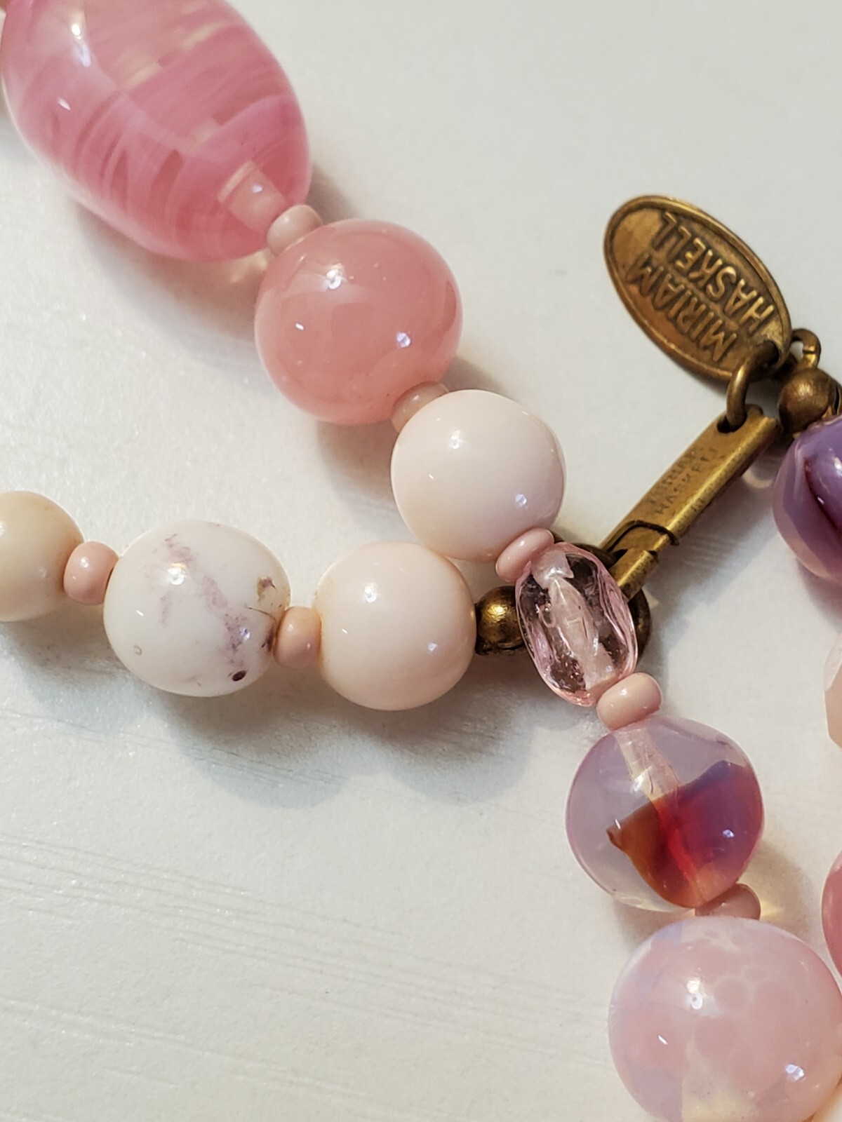 Vtg. Miriam Haskell Pink Glass Beaded Necklace Single Strand Push Lock Closure