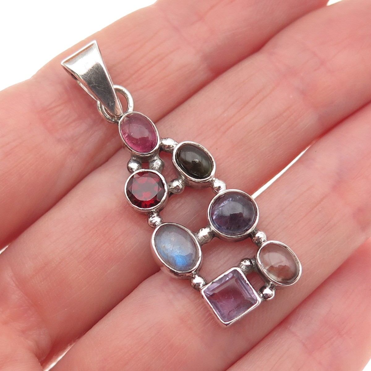 925 Sterling Silver Vintage Tourmaline Amethyst Garnet Iolite Moonstone Pendant