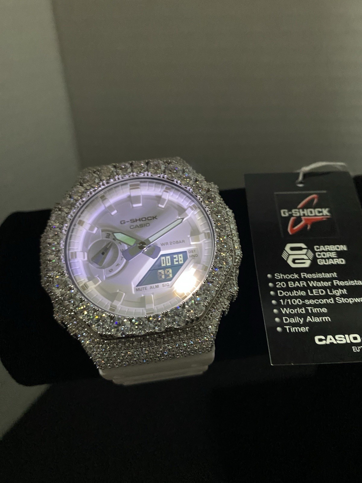 Casio G-SHOCK GA-2100-7A7ER + Custom Moissanite Bezel White Dial Watch